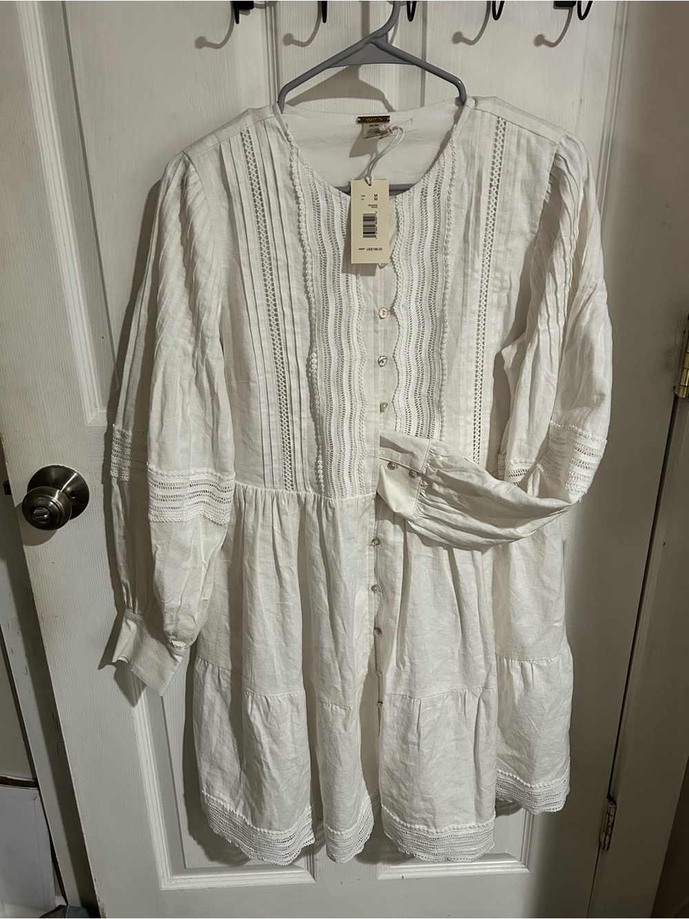 Magaschoni White Long-Sleeve Button Front Tiered Dress